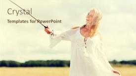  Presentation with cereal - PPT layouts enhanced with technology summer holidays vacation and people concept - smiling young woman in white dress taking picture by smartphone selfie stick on cereal field background and a cream colored foreground