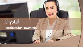  Presentation with call center management - PPT theme featuring technology support - beautiful young female call center background and a coral colored foreground