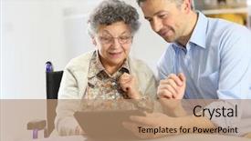  Presentation with using digital tablet - Presentation with technology support - man with elderly woman using background and a coral colored foreground