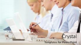  Presentation with business people moving gear - Slide deck with technology training - business people sitting background and a  colored foreground