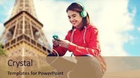  Presentation with eiffel tower - Cool new presentation theme with technology travel tourism and people concept - smiling young woman or teenage girl with smartphone and headphones listening to music over eiffel tower background backdrop and a coral colored foreground