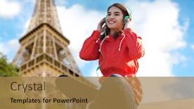  Presentation with eiffel tower - Cool new PPT theme with technology travel tourism and people concept - smiling young woman or teenage girl in headphones listening to music over paris eiffel tower background backdrop and a coral colored foreground