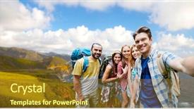  Presentation with tourism selfie - Cool new slide deck with technology travel tourism hike backdrop and a tawny brown colored foreground