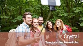  Presentation with tourism selfie - Audience pleasing presentation consisting of technology travel tourism hike and people concept - group of smiling friends walking with backpacks taking picture by smartphone on selfie stick in woods backdrop and a coral colored foreground