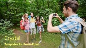  Presentation with travel friends - Audience pleasing presentation consisting of technology travel tourism hike and people concept - group of smiling friends with backpacks taking picture by smartphone and waving hands in woods backdrop and a tawny brown colored foreground
