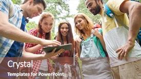  Presentation with travel friends - Beautiful presentation theme featuring technology travel tourism hike and people concept - group of smiling friends walking with backpacks and tablet pc computer looking for location in woods backdrop and a tawny brown colored foreground