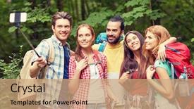  Presentation with tourism selfie - Presentation theme enhanced with technology travel tourism hike and people concept - group of smiling friends walking with backpacks taking picture by smartphone on selfie stick in woods background and a coral colored foreground