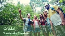  Presentation with travel friends - Amazing theme having technology travel tourism hike and people concept - group of smiling friends walking with backpacks and tablet pc computer looking for location in woods backdrop and a ocean colored foreground