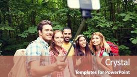  Presentation with tourism selfie - PPT layouts consisting of technology travel tourism hike and people concept - group of smiling friends walking with backpacks taking picture by smartphone on selfie stick in woods background and a coral colored foreground