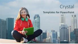  Presentation with computer music - Cool new presentation design with technology travel tourism music and people concept - smiling young woman or teenage girl with tablet pc computer and headphones over singapore city skyscrapers background backdrop and a lemonade colored foreground
