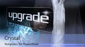  Presentation with barcode - PPT theme featuring technology upgradation - businessman pointing to word upgrade background and a light blue colored foreground