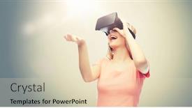  Presentation with entertainment - Colorful presentation theme enhanced with technology virtual reality entertainment and people concept - happy young woman with virtual reality headset or 3d glasses over gray background backdrop and a lemonade colored foreground