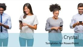  Presentation with people collage - Slide deck with technology white - collage of people texting sending background and a light blue colored foreground