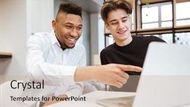  Presentation with mature students sitting at desks - Slides having techology - photo of two young students background and a coral colored foreground