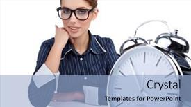  Presentation with secretary - Audience pleasing PPT layouts consisting of tedium - secretary woman at her desk backdrop and a light blue colored foreground