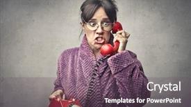  Presentation with mobile phone in woman hand - PPT theme featuring tedium - worried woman in bathrobe doing background and a violet colored foreground