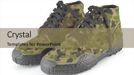  Presentation with military shoes - Slide deck with teecap - military camouflage cloth shoes background and a coral colored foreground