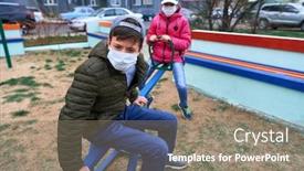  Presentation with seesaw - Amazing PPT theme having teen-boy-and-girl-sitting backdrop and a gray colored foreground