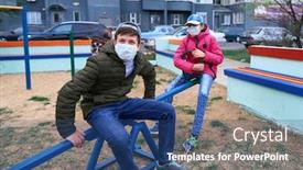  Presentation with seesaw - Amazing PPT theme having teen-boy-and-girl-sitting backdrop and a ocean colored foreground