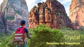  Presentation with hiking - PPT layouts having teen-boy-hiking-through-scenic background and a tawny brown colored foreground