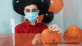  Presentation with face masks - Presentation design with teen-boy-in-costume-preparing background and a red colored foreground