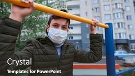  Presentation with viruses - Audience pleasing theme consisting of teen-boy-stands-near-horizontal backdrop and a dark gray colored foreground