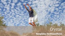  Presentation with hero - Beautiful slide deck featuring teen boy super hero jumping off of a dune with a beach towel tie backdrop and a coral colored foreground
