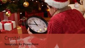  Presentation with happy holidays - Slide set with teen boy waiting for santa and watching the clock lying indoor near decorated xmas tree with lights dressed as santa helper - merry christmas and happy holidays background and a red colored foreground