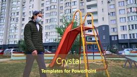  Presentation with medical face mask - Colorful presentation design enhanced with teen-boy-walks-through backdrop and a tawny brown colored foreground