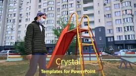  Presentation with medical face mask - Cool new PPT theme with teen-boy-walks-through backdrop and a tawny brown colored foreground