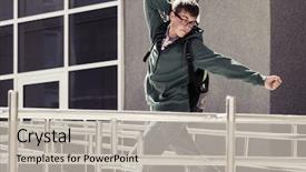  Presentation with school building - Colorful PPT theme enhanced with teen boy with backpack walking against a school building backdrop and a light gray colored foreground