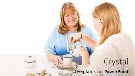 Presentation with tea party - Presentation theme with teen daughter pouring tea for her mother at their tea party isolated on white background and a lemonade colored foreground