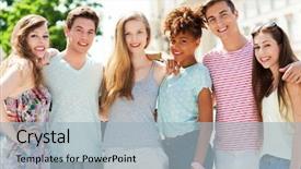  Presentation with people - Beautiful PPT theme featuring teen diversity - group of young people smiling backdrop and a  colored foreground