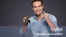  Presentation with car body repairer holding - Cool new theme with teen driving - happy men holding out car backdrop and a seafoam green colored foreground