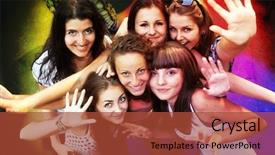  Presentation with friends show - Colorful theme enhanced with teen fashion show - group of young friends dancing backdrop and a red colored foreground