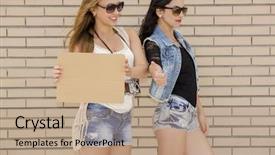  Presentation with brick wall - Slides enhanced with teen fashion show - two beautiful and young girlfriends background and a  colored foreground