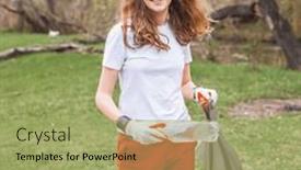  Presentation with garbage - PPT theme enhanced with teen-girl-collect-garbage background and a mint green colored foreground