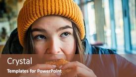  Presentation with teen food - Cool new PPT layouts with teen-girl-eating-a-hamburger backdrop and a tawny brown colored foreground