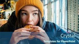  Presentation with teen food - Amazing PPT theme having teen-girl-eating-a-hamburger backdrop and a ocean colored foreground