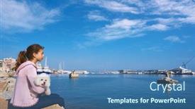  Presentation with sea shore - PPT theme having teen girl holding maltichon puppy dog at the marina shore in mediterranean sea background and a ocean colored foreground