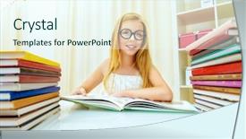  Presentation with piles - Colorful PPT theme enhanced with teen girl sitting at table at home with piles of books and smiles educational concept backdrop and a cool aqua colored foreground