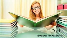  Presentation with piles - Audience pleasing PPT layouts consisting of teen girl sitting at table at home with piles of books and smiles educational concept backdrop and a mint green colored foreground