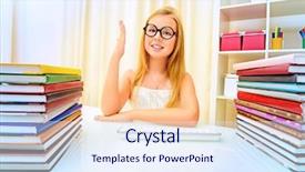  Presentation with piles - Amazing slide deck having teen girl sitting at table at home with piles of books and smiles educational concept backdrop and a sky blue colored foreground