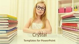 Presentation with piles - PPT layouts with teen girl sitting at table at home with piles of books and smiles educational concept background and a cream colored foreground