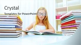  Presentation with piles - Presentation design consisting of teen girl sitting at table at home with piles of books and smiles educational concept background and a cool aqua colored foreground