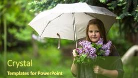  Presentation with lilacs - Presentation design featuring teen girl with a bouquet of lilacs standing under an umbrella in the garden background and a tawny brown colored foreground