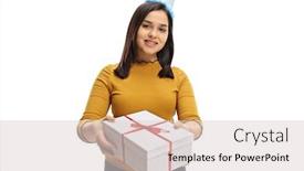 Presentation with teen - Cool new presentation design with teen girl with a party hat giving a gift isolated on white background backdrop and a lemonade colored foreground