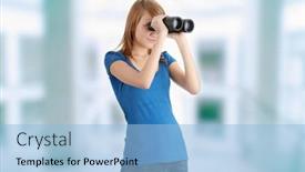  Presentation with binocular - PPT theme enhanced with teen girl with binocular isolated on white background and a light blue colored foreground