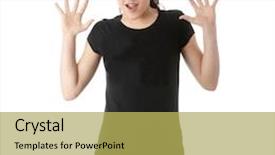  Presentation with teen girl - PPT layouts with teen girl with hands up portrait over white background background and a yellow colored foreground