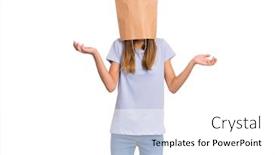  Presentation with child teen - Presentation design consisting of teen girl with paper bag over her head showing helpless gesture with hands - i do not know isolated on white background shrugging shy child pulling paper bag over head making helpless sign background and a white colored foreground